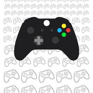 May include: A black and white Royal Icing Transfer Template with a large black game controller and many smaller controller outlines. The large controller has colored buttons. Text includes "Royal Icing Transfer Template .5, .75 x 1" and shop contact information.