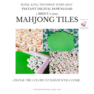 May include: Image of a digital download for royal icing transfer templates. The text reads "MAHJONG TILES" with multiple images of mahjong tiles. The text "CHANGE THE COLORS TO MATCH YOUR COOKIE" is also present. The Etsy shop name "cooky for cookies" is visible.