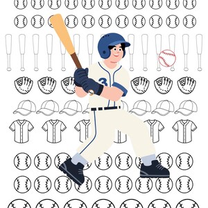 Könnte beinhalten: Eine weiße Royal Icing Transfer Vorlage zum Thema Baseball mit einer Baseballspieler-Illustration. Die Vorlage enthält Basebälle, Schläger, Handschuhe, Hüte und Trikots. Text: "Royal Icing Transfer Template .5, 3/4, 1 inch" und Shop-Details.