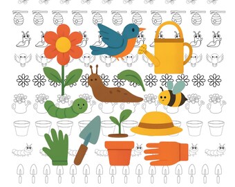 Foglio di modelli per decorazione con glassa reale a tema giardinaggio estivo, 1 misura