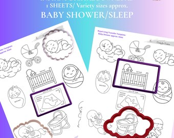 Foglio di modelli per trasferimento di glassa reale per baby shower a tema sonno