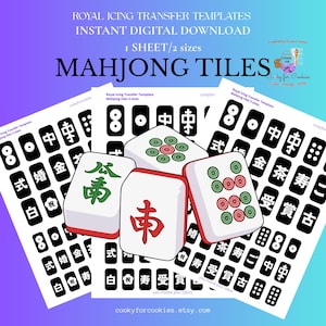 May include: Digital download of royal icing transfer templates for Mahjong tiles. The image shows four tiles with red, green, and black details, along with sheets of black and white tiles. Text includes "MAHJONG TILES" and "cookyforcookies.etsy.com".