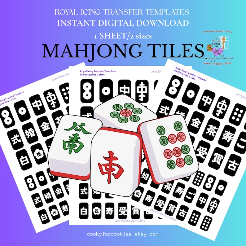 May include: Digital download of royal icing transfer templates for Mahjong tiles. The image shows four tiles with red, green, and black details, along with sheets of black and white tiles. Text includes "MAHJONG TILES" and "cookyforcookies.etsy.com".