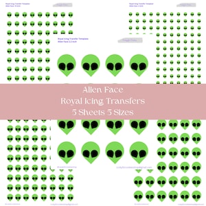 May include: Five sheets of printable alien face royal icing transfer templates in five different sizes. The templates are printed on white paper with green alien faces with black eyes.