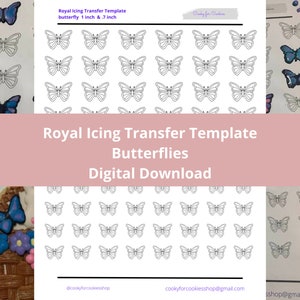 May include: Printable digital download template for royal icing transfer butterflies. The template includes 49 butterflies in two sizes: 1 inch and 0.7 inch.