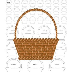 May include: A template for royal icing transfer featuring a brown woven basket design with a handle. The template fits a 7 x 8.9 cm oval cookie cutter. Additional basket outlines are included. Text on the image reads "Royal Icing Transfer Template" and "Cooky for Cookies".