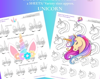 Fogli di stencil per decorazione con glassa reale a tema unicorno, 2 disegni