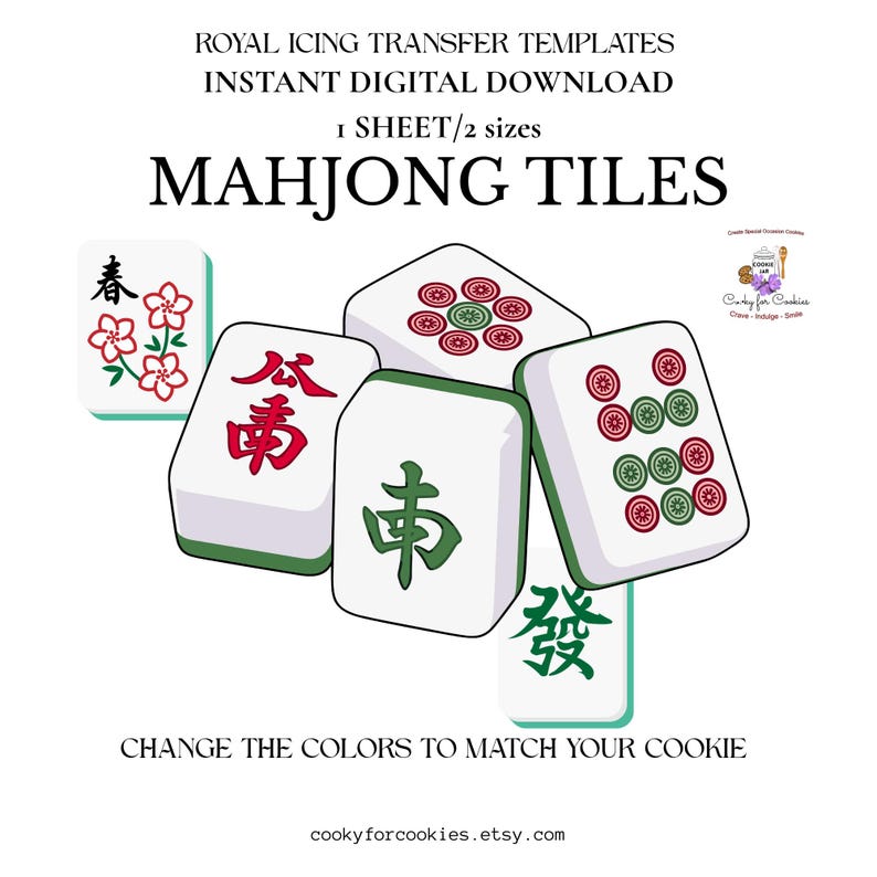 May include: Digital download of Mahjong tile templates for royal icing. The image shows several white tiles with red, green, and black symbols and designs. Text on the image includes "Mahjong Tiles" and "Change the colors to match your cookie."