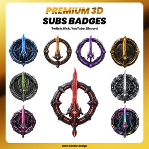 Puede incluir: Una colección de nueve insignias digitales circulares con diseños de espadas en 3D en varios colores, incluyendo azul, naranja, morado, dorado, verde, rojo, plateado, rosa y arcoíris. El texto dice PREMIUM 3D SUBS BADGES Twitch, Kick, YouTube, Discord.