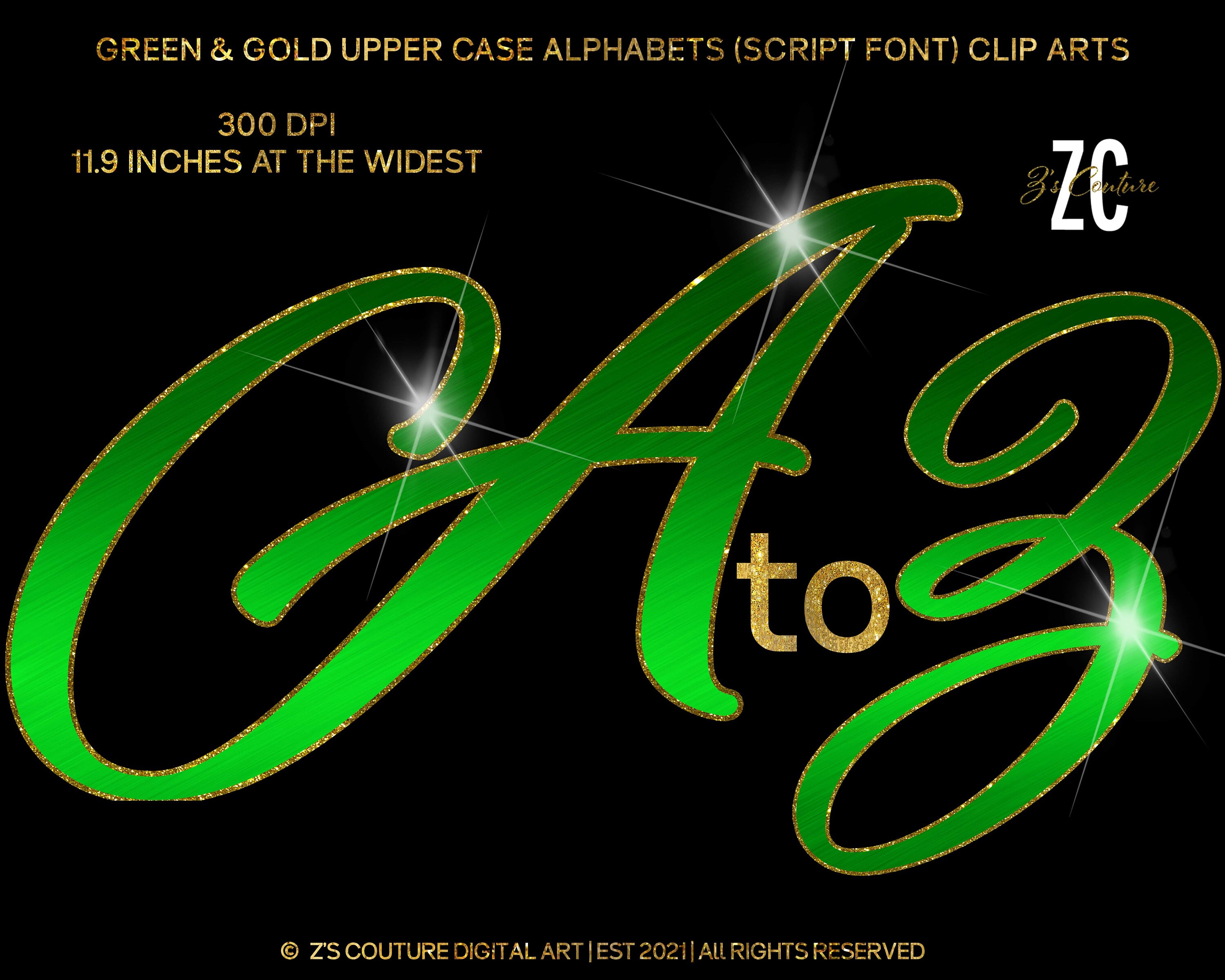 Glam Green & Gold Glitter Uppercase Alphabets A-Z Script Font - Etsy