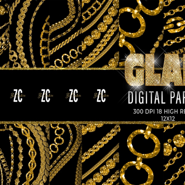 Glam Gold Chains In Black Digital Papers, Rock & Roll Inspired Lux Textures, Luxurious Christmas/New Year, Commercial/POD, Cards/Printable