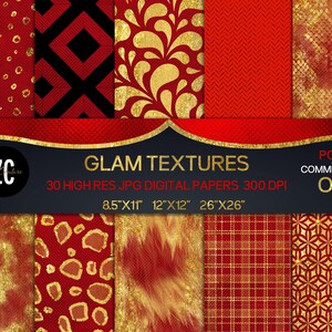 Glam Red & Gold Digital Paper For Valentine's Day  Projects, Set of 30, Christmas Red, Commercial Use, POD Use OK, Scrapbooking/Paper Craft