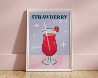 Strawberry Daiquiri Art Print - Kitchen Print | Mixology Cocktail Print | Bar Cart Print | Gin, Vodka, Rum | UNFRAMED | 6x4, A5, A4