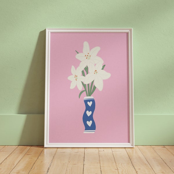 Pretty Vase of Lilies Art Print - Botanical Plants | Lily Flowers | Cute Positivity Wall | Plant Pot Design | UNFRAMED | 6x4, A5, A4