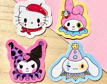Clown Kitty and Friends Holographic Sticker | kawaii decor, cute sparkle laptop, adorable characters, circus jester mime