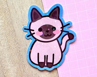 Cute Siamese Cat Holographic Sticker | Kawaii Planner Stickers, Pretty Laptop Stickers, Adorable Journal, Cat Lovers, Kitty / Cat Owner Gift