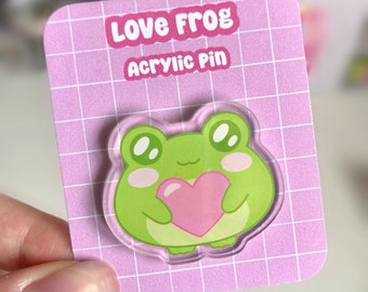 Cute Love Heart Frog Acrylic Pin | Kawaii Bag Pin, Ita Bag Accessories, Cottagecore Aesthetic, Adorable Froggy Badge