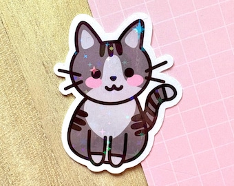 Cute Grey Tabby Cat Holographic Sticker | Kawaii Planner Stickers,Pretty Laptop, Adorable Journal, Cat Lovers, Kitty/ Ginger Cat Owner