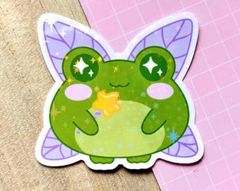 Cute Fairy Frog with Wings Holographic Sticker | pretty water bottle, whimsical laptop, adorable iPad case, planner, nature bullet journal