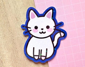 Cute Holographic White Cat Sticker | Kawaii Planner Stickers, Pretty Laptop Stickers, Adorable Journal, Short Hair Cat Lovers, Kitty Owner