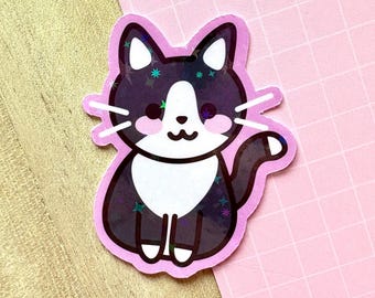 Cute Tuxedo Cat Holographic Sticker | Kawaii Planner Stickers, Pretty Laptop, Adorable Journal, Black and White Cat Lovers, Kitty Owner