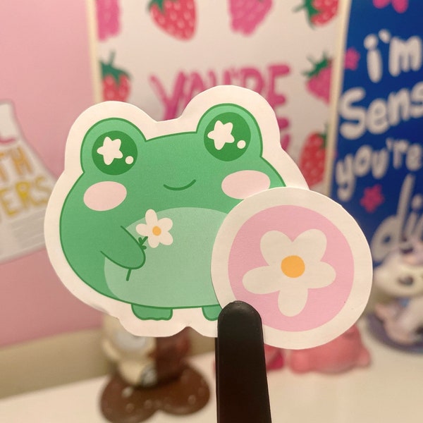 Cute Daisy Flower Jeremy the Frog Sticker (With Mini Flower) | Kawaii Planner, Pretty Laptop Stickers, Adorable Journal, Lovely Froggy