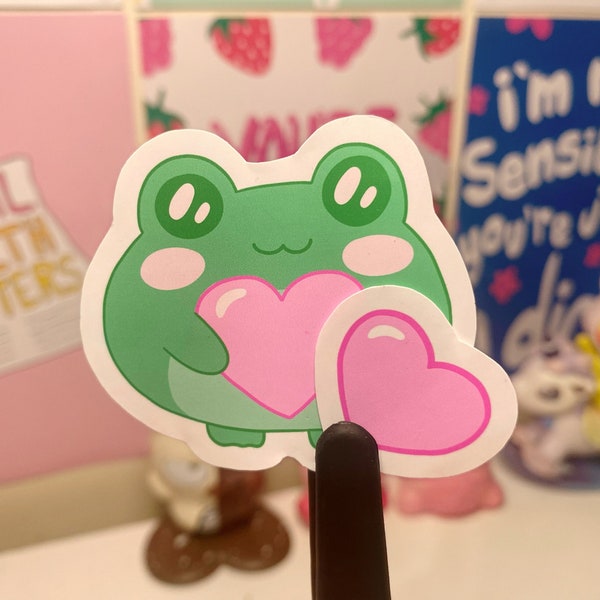 Cute Love Heart Jeremy the Frog Sticker (With Mini Heart) | Kawaii Planner Stickers, Pretty Laptop Stickers, Adorable Journal, Lovely Froggy