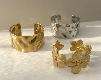 Gold Flower Cuff Bracelet | 18k Plated Statement Bangle