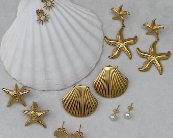 Waterproof 18K Gold Summer Earrings | Shell & Starfish Studs