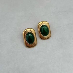 18K Gold Plated Green Jade Crystal Waterproof Stainless Steel Chunky Earrings Crystal Earrings Vintage Earrings