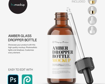Maqueta PSD de frasco cuentagotas ámbar – Envase cosmético – Plantilla de marca para cuidado de la piel – Descarga digital