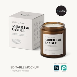 May include: A brown glass jar candle with a white label reading AMBER JAR CANDLE and 7oz/250g, accompanied by a white cardboard box featuring the same text and small black line icons of candles. The design includes placeholder text and branding.
