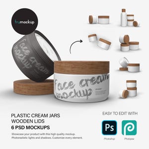 Digital Cosmetic Plastic Jars With Wooden Lids - 6 Mockups Bundle - PSD / PNG / JPG