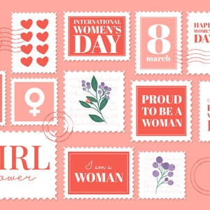 Digitale postzegels voor vrouwendag - 13 elementen - PNG / JPG / EPS