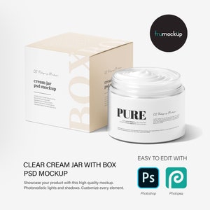 May include: A clear glass jar with a white lid filled with a white cream product. The jar is labeled "PURE" and has a brown cardboard box with the text "cream jar psd mockup".