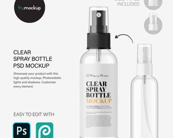 Clear Spray Bottle PSD Mockup – Cosmetic Packaging – Branding Template – Digital Download