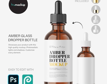 Digital Amber Glass Dropper Bottle - Editable Lid - Cosmetic Mockup - PSD / PNG / JPG