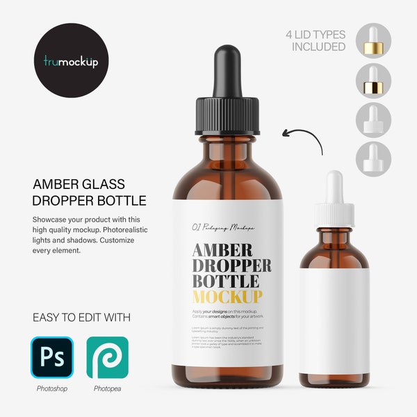 Digital Amber Glass Dropper Bottle - Editable Lid - Cosmetic Mockup - PSD / PNG / JPG