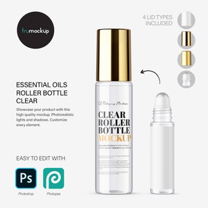 Puede incluir: Maqueta de frasco de rodillo de vidrio transparente con tapa dorada. El frasco está vacío y listo para su diseño. La maqueta incluye cuatro tipos de tapas diferentes. El texto "CLEAR ROLLER BOTTLE MOCKUP" está impreso en el frasco.