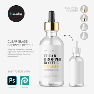 Digital Clear Glass Dropper Bottle - Editable Lid - Cosmetic Mockup - PSD / PNG / JPG