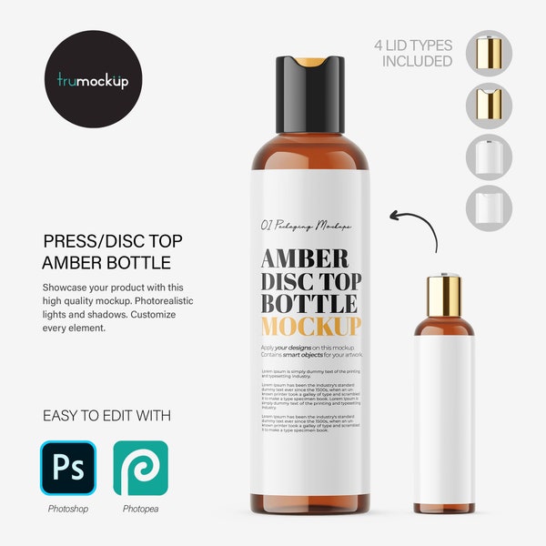 Digital Amber Disc/Press Top Bottle With Editable Lid - Cosmetic Mockup - PSD / PNG / JPG