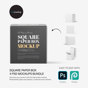 Digital Square Paper Box - 4 Mockups Bundle - PSD / PNG / JPG
