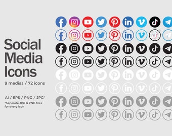 Circle Social Media Icons Set - 9 Social Medias / 72 icons - Ai / Eps / JPG / PNG