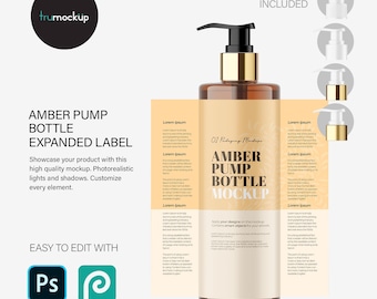Maqueta PSD de botella con bomba ámbar con etiqueta expandida – Plantilla de etiqueta para envoltorio de cosméticos – Presentación de marca para envases de cuidado de la piel