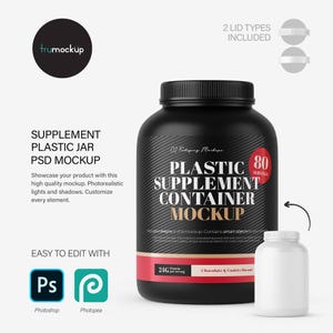 May include: Black plastic supplement container mockup with a white lid. The container has a label with the text "Plastic Supplement Container Mockup" and "80 Servings". The label also includes the text "21G Protein per serving" and "Chocolate & Cookies Flavor".