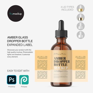 Digital Amber Glass Dropper Bottle With Expanded Label - Cosmetic Mockup - PSD / PNG / JPG