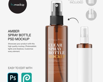 PSD-Mockup einer bernsteinfarbenen Sprühflasche – Kosmetikverpackung – Branding-Vorlage – Digitaler Download