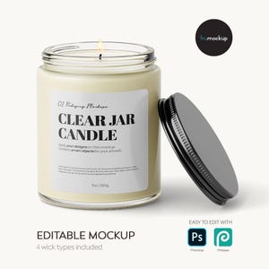 May include: A clear glass jar candle with cream-coloured wax and a lit wick. The label features the text CLEAR JAR CANDLE and 7oz/250g. A separate black metal lid rests beside the jar. The design includes placeholder text and branding.