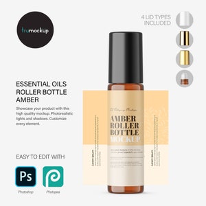 May include: An amber glass essential oil roller bottle mockup with a black cap. The image includes text: "ESSENTIAL OILS ROLLER BOTTLE AMBER" and "4 LID TYPES INCLUDED". The mockup is easy to edit with Photoshop and Photopea.