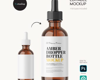 Maqueta PSD de frasco cuentagotas ámbar – Envase cosmético – Plantilla de marca para cuidado de la piel – Descarga digital
